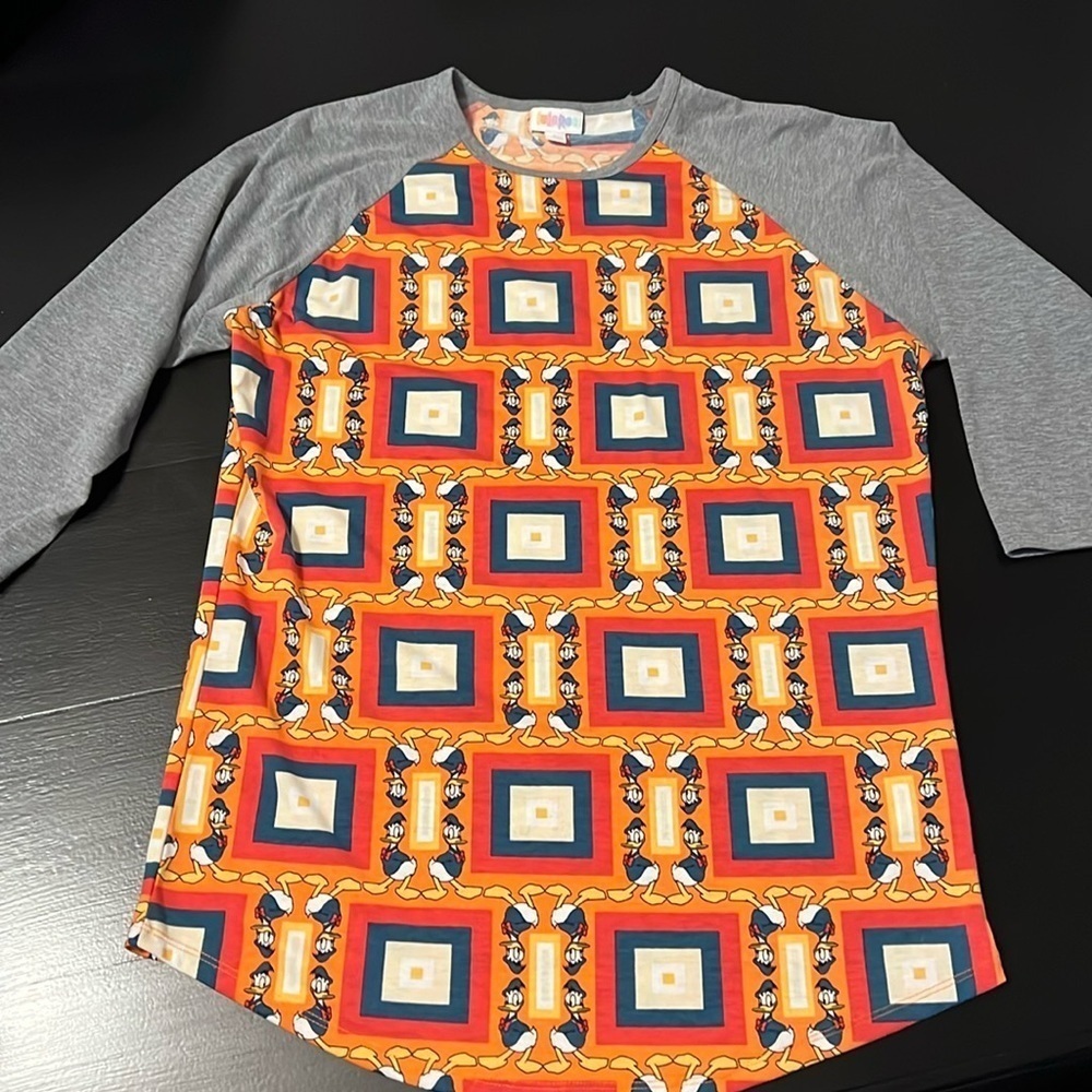 LuLaRoe Disney Donald Duck Randy Baseball Tee Grey Orange Large